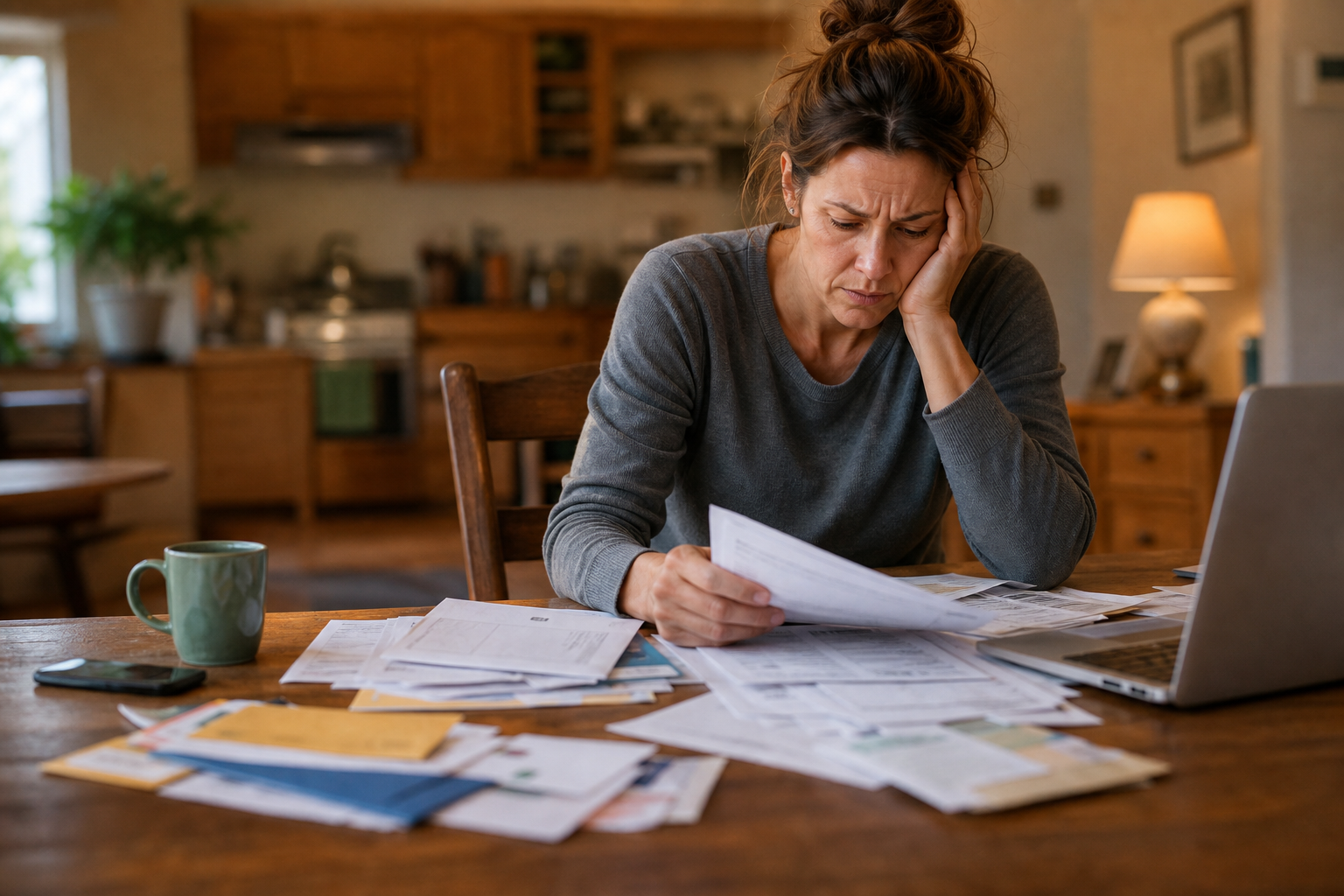 A caregiver sits at a table with papers and a laptop, pausing with a hand to her temple.
