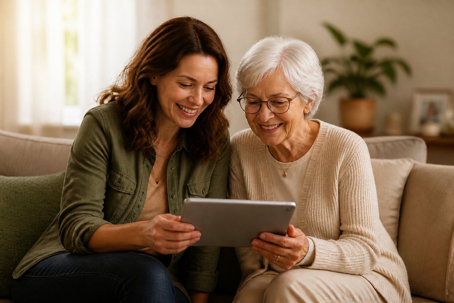 An older woman and a younger woman reviewing information together on a tablet.