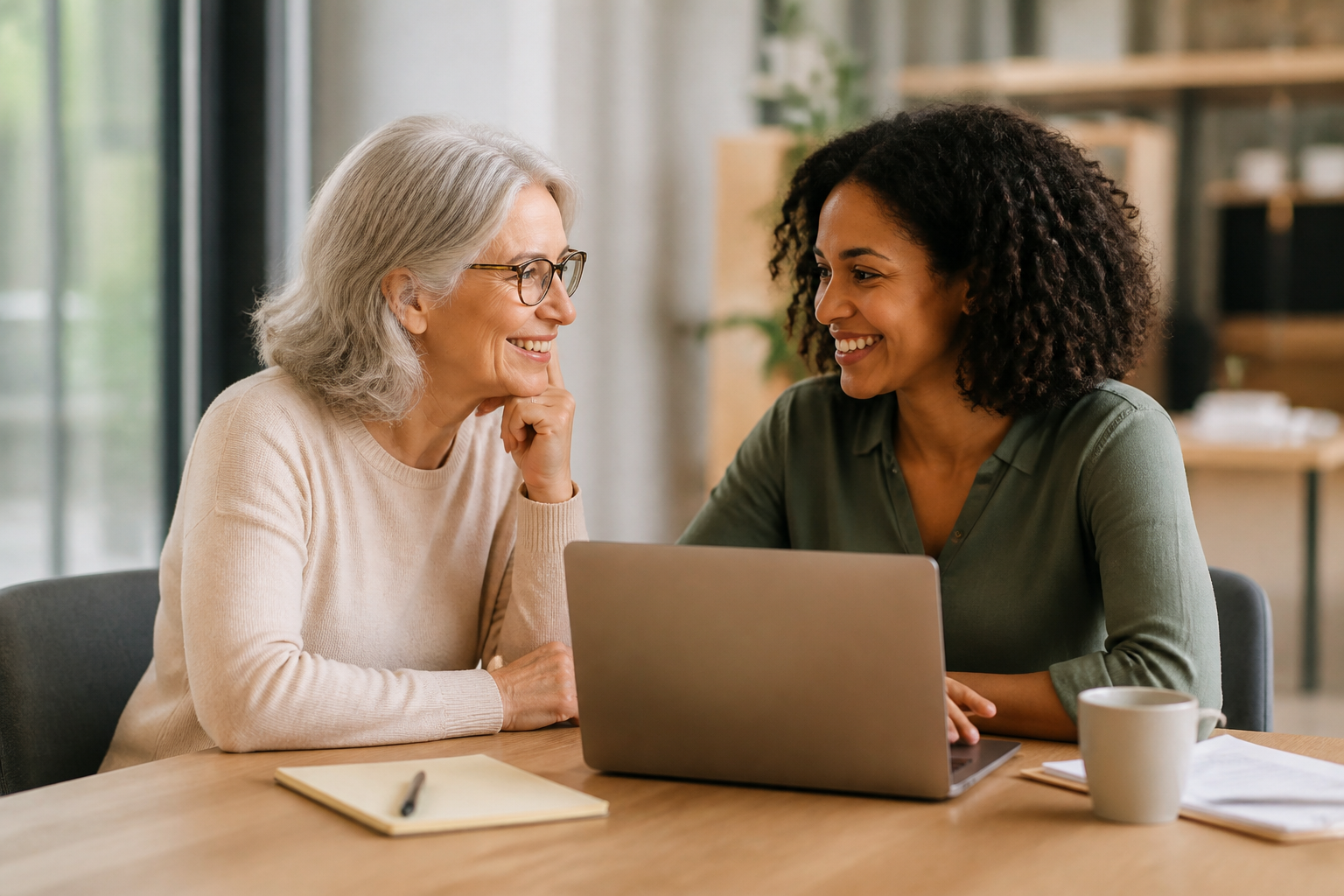 Two people look at a laptop together in an office.