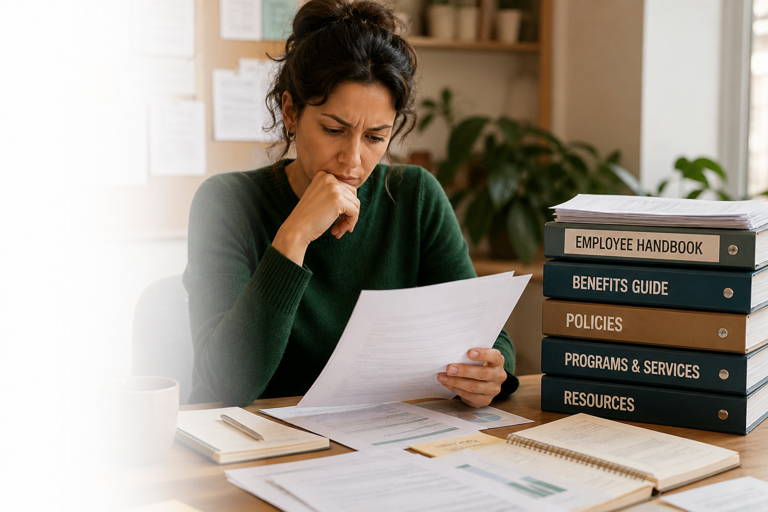 A person at a desk looks through a stack of labeled organizational binders and papers.